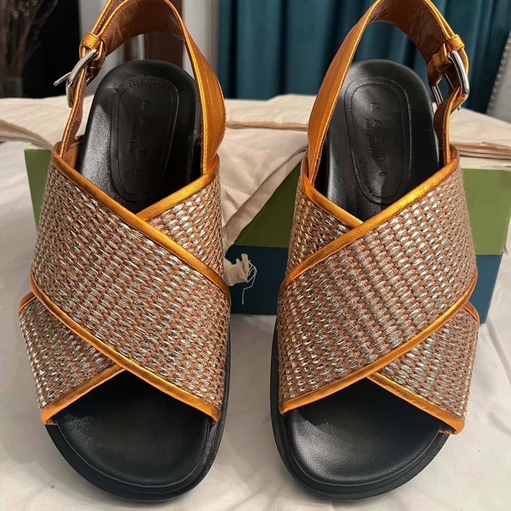 Marni Gold and Black Woven Crisscross Slingback Sandals